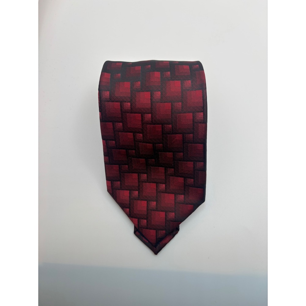Pierre Cardin Mens Red Black Geometric Square Pattern Hand Made Necktie